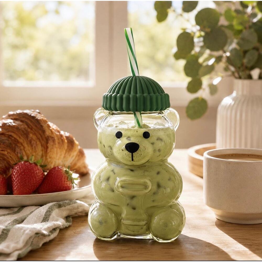 NWT Viral Glass Bear Tumbler w/ Green Beanie Lid & Striped Straw | In Box!
